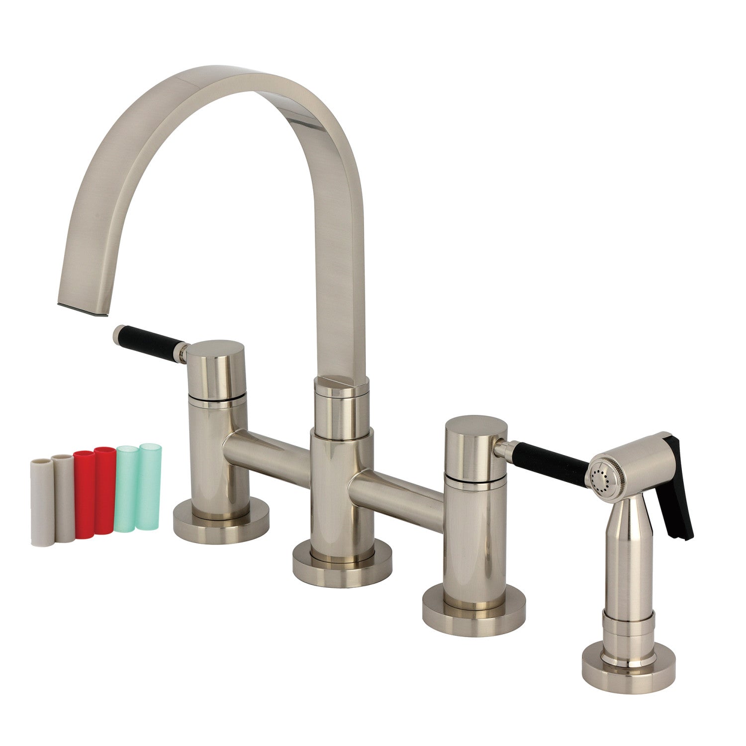 Kingston Sona KS8268DKLBS - Kaiser Two-Handle 4-Hole Deck Mount Bridge Kitchen Faucet with Brass Sprayer, Brushed Nickel — image 1